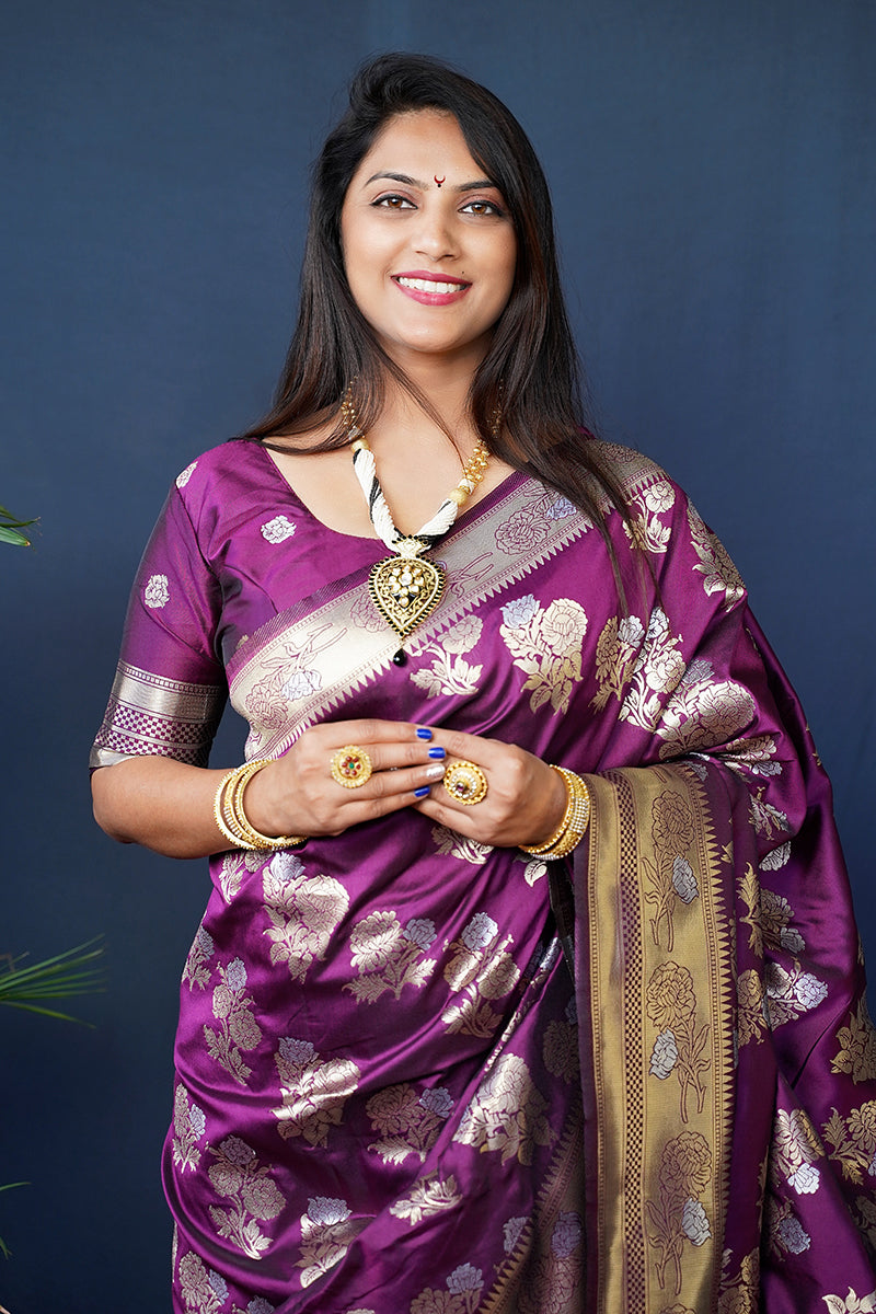 Monjolika Fashion Purple Woven Banarasi Silk Blend Saree With Blouse | Grocsy
