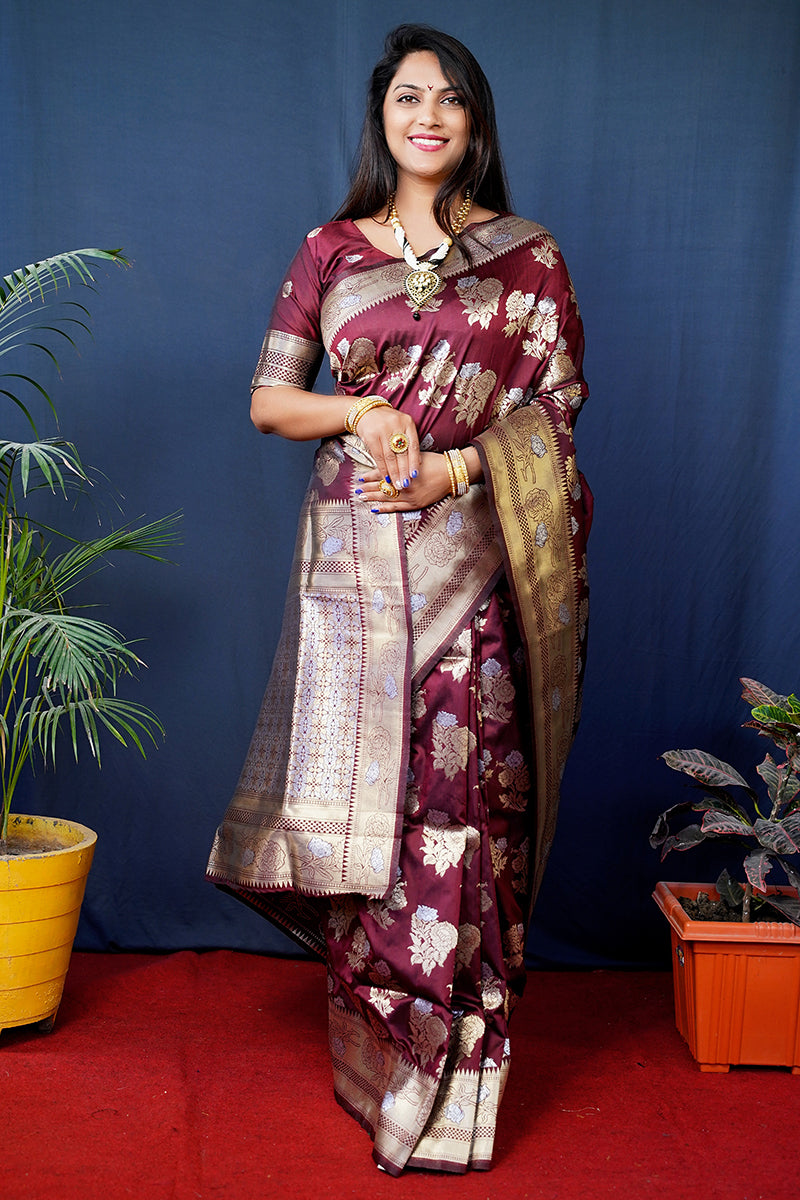Monjolika Fashion Maroon Woven Banarasi Silk Blend Saree With Blouse | Grocsy
