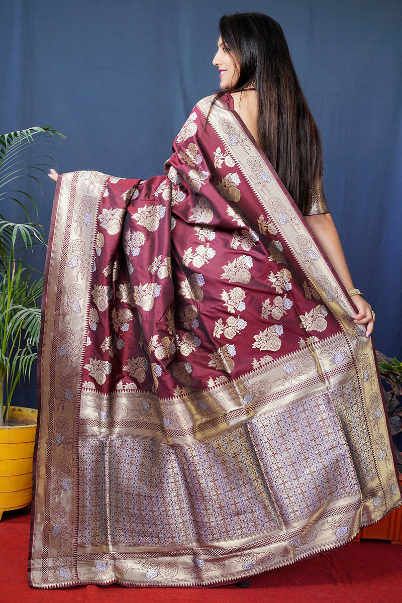 Monjolika Fashion Maroon Woven Banarasi Silk Blend Saree With Blouse | Grocsy
