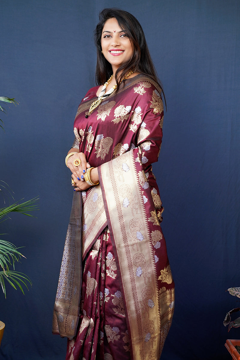 Monjolika Fashion Maroon Woven Banarasi Silk Blend Saree With Blouse | Grocsy