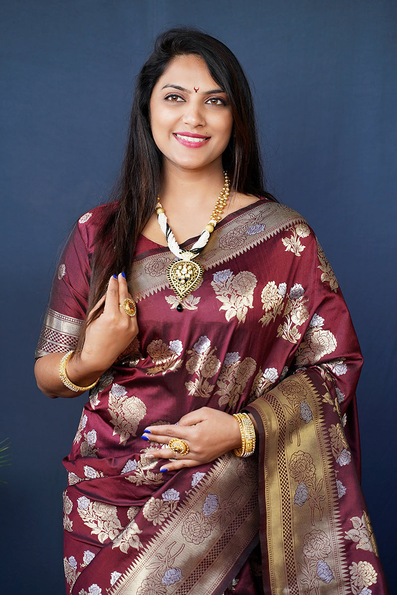 Monjolika Fashion Maroon Woven Banarasi Silk Blend Saree With Blouse | Grocsy