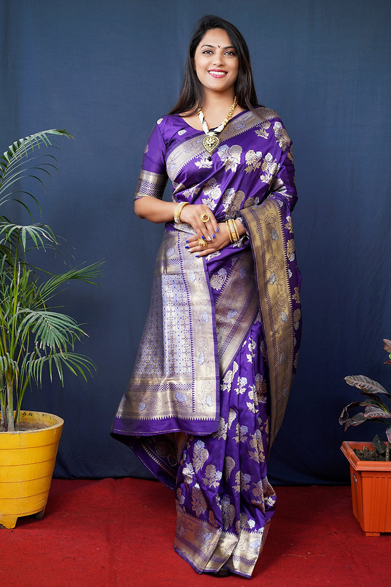 Monjolika Fashion Violet Woven Banarasi Silk Blend Saree With Blouse | Grocsy