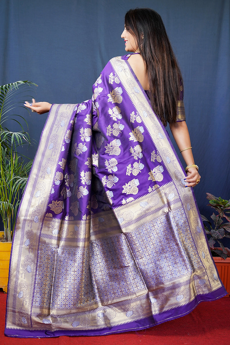 Monjolika Fashion Violet Woven Banarasi Silk Blend Saree With Blouse | Grocsy