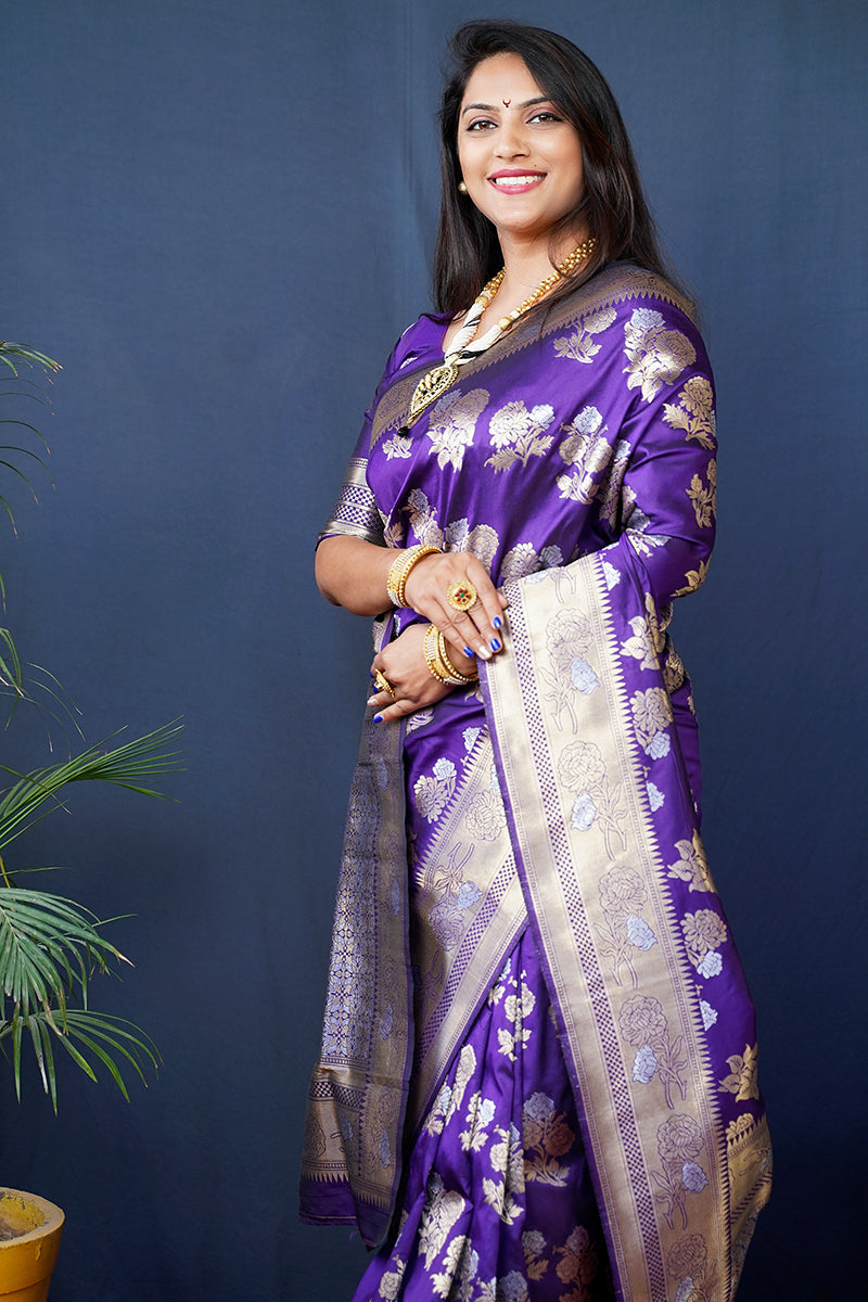 Monjolika Fashion Violet Woven Banarasi Silk Blend Saree With Blouse | Grocsy