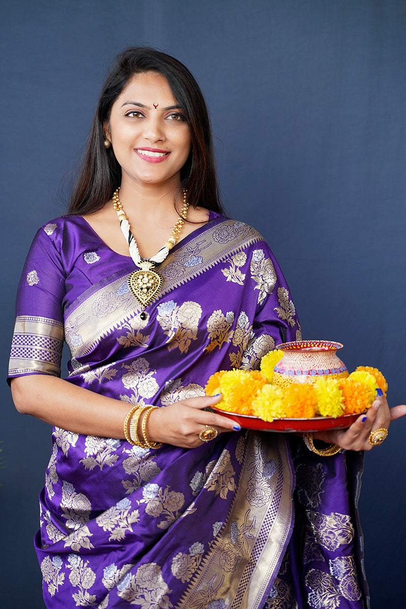 Monjolika Fashion Violet Woven Banarasi Silk Blend Saree With Blouse | Grocsy