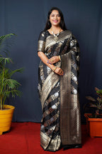 Monjolika Fashion Black Woven Banarasi Silk Blend Saree With Blouse | Grocsy