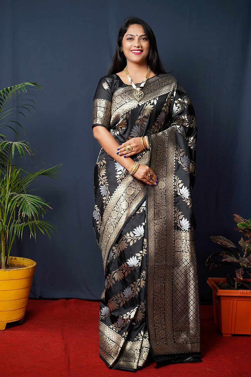 Monjolika Fashion Black Woven Banarasi Silk Blend Saree With Blouse | Grocsy