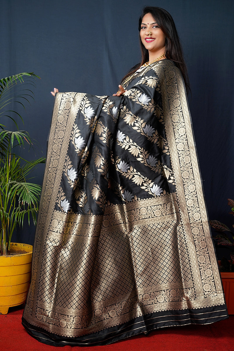 Monjolika Fashion Black Woven Banarasi Silk Blend Saree With Blouse | Grocsy