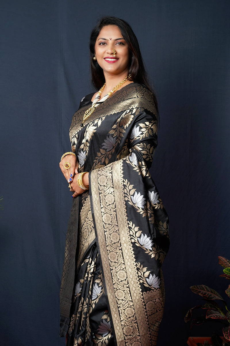 Monjolika Fashion Black Woven Banarasi Silk Blend Saree With Blouse | Grocsy