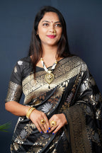 Monjolika Fashion Black Woven Banarasi Silk Blend Saree With Blouse | Grocsy