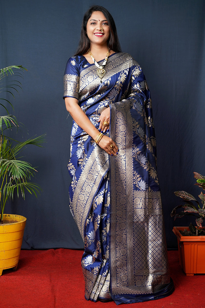 Monjolika Fashion Navy Blue Woven Banarasi Silk Blend Saree With Blouse | Grocsy