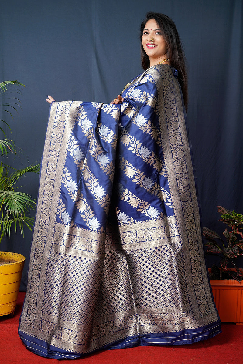 Monjolika Fashion Navy Blue Woven Banarasi Silk Blend Saree With Blouse | Grocsy