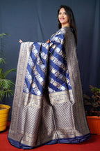 Monjolika Fashion Navy Blue Woven Banarasi Silk Blend Saree With Blouse | Grocsy