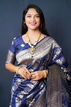 Monjolika Fashion Navy Blue Woven Banarasi Silk Blend Saree With Blouse | Grocsy