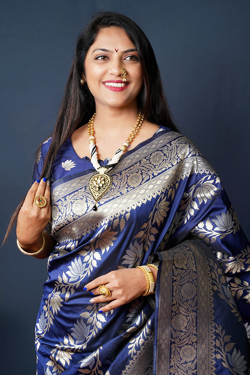 Monjolika Fashion Navy Blue Woven Banarasi Silk Blend Saree With Blouse | Grocsy