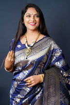 Monjolika Fashion Navy Blue Woven Banarasi Silk Blend Saree With Blouse | Grocsy