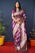 Monjolika Fashion Magenta Purple Woven Banarasi Silk Blend Saree With Blouse | Grocsy