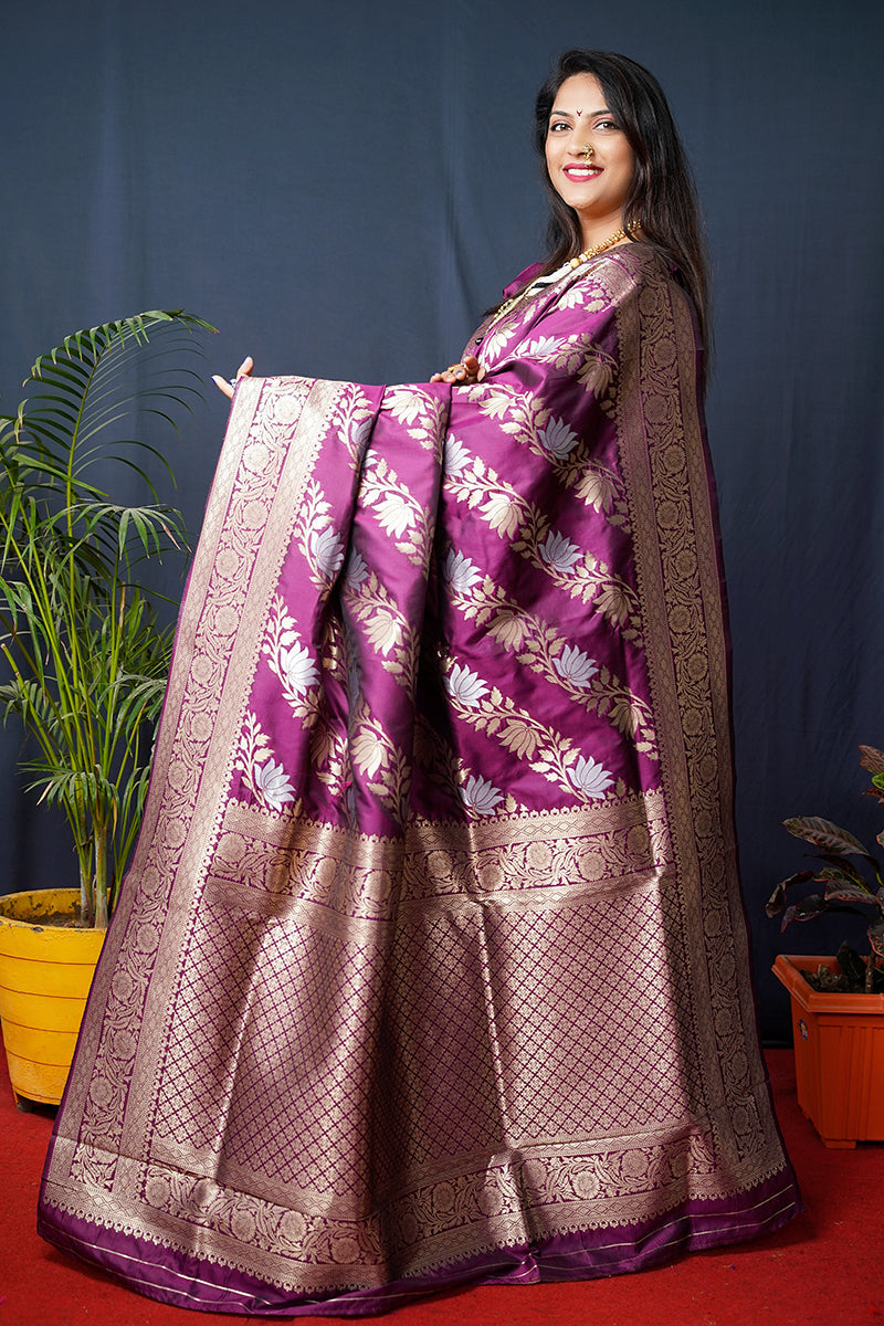 Monjolika Fashion Magenta Purple Woven Banarasi Silk Blend Saree With Blouse | Grocsy