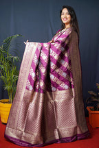 Monjolika Fashion Magenta Purple Woven Banarasi Silk Blend Saree With Blouse | Grocsy