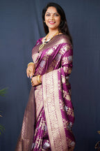 Monjolika Fashion Magenta Purple Woven Banarasi Silk Blend Saree With Blouse | Grocsy