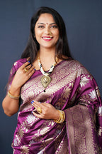 Monjolika Fashion Magenta Purple Woven Banarasi Silk Blend Saree With Blouse | Grocsy