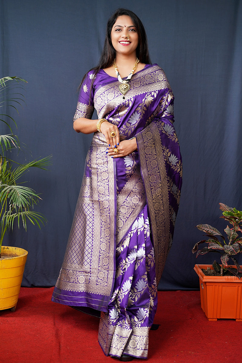 Monjolika Fashion Violet Woven Banarasi Silk Blend Saree With Blouse | Grocsy
