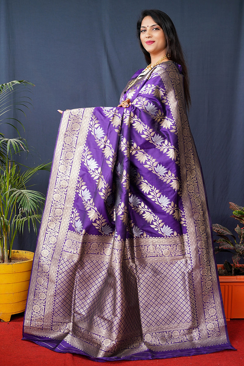 Monjolika Fashion Violet Woven Banarasi Silk Blend Saree With Blouse | Grocsy