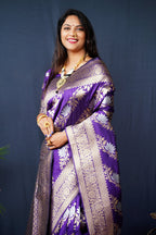 Monjolika Fashion Violet Woven Banarasi Silk Blend Saree With Blouse | Grocsy