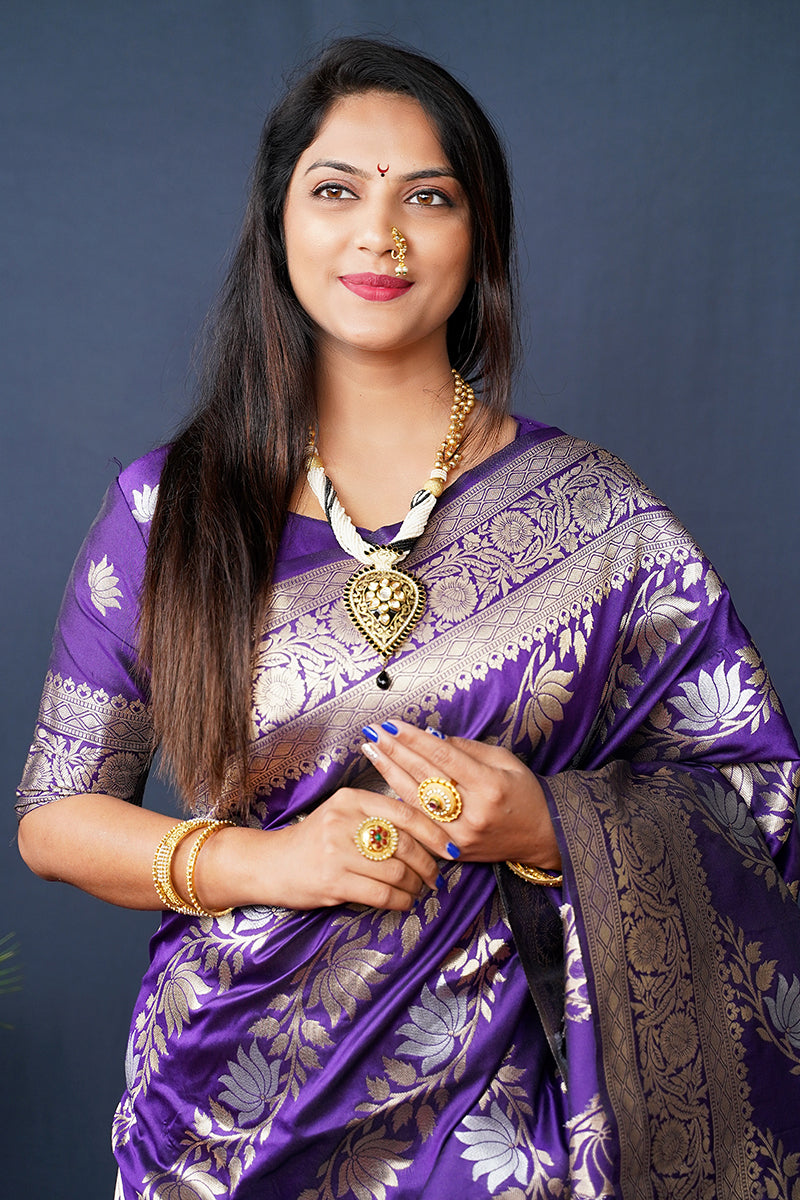 Monjolika Fashion Violet Woven Banarasi Silk Blend Saree With Blouse | Grocsy