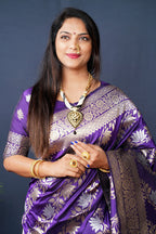 Monjolika Fashion Violet Woven Banarasi Silk Blend Saree With Blouse | Grocsy