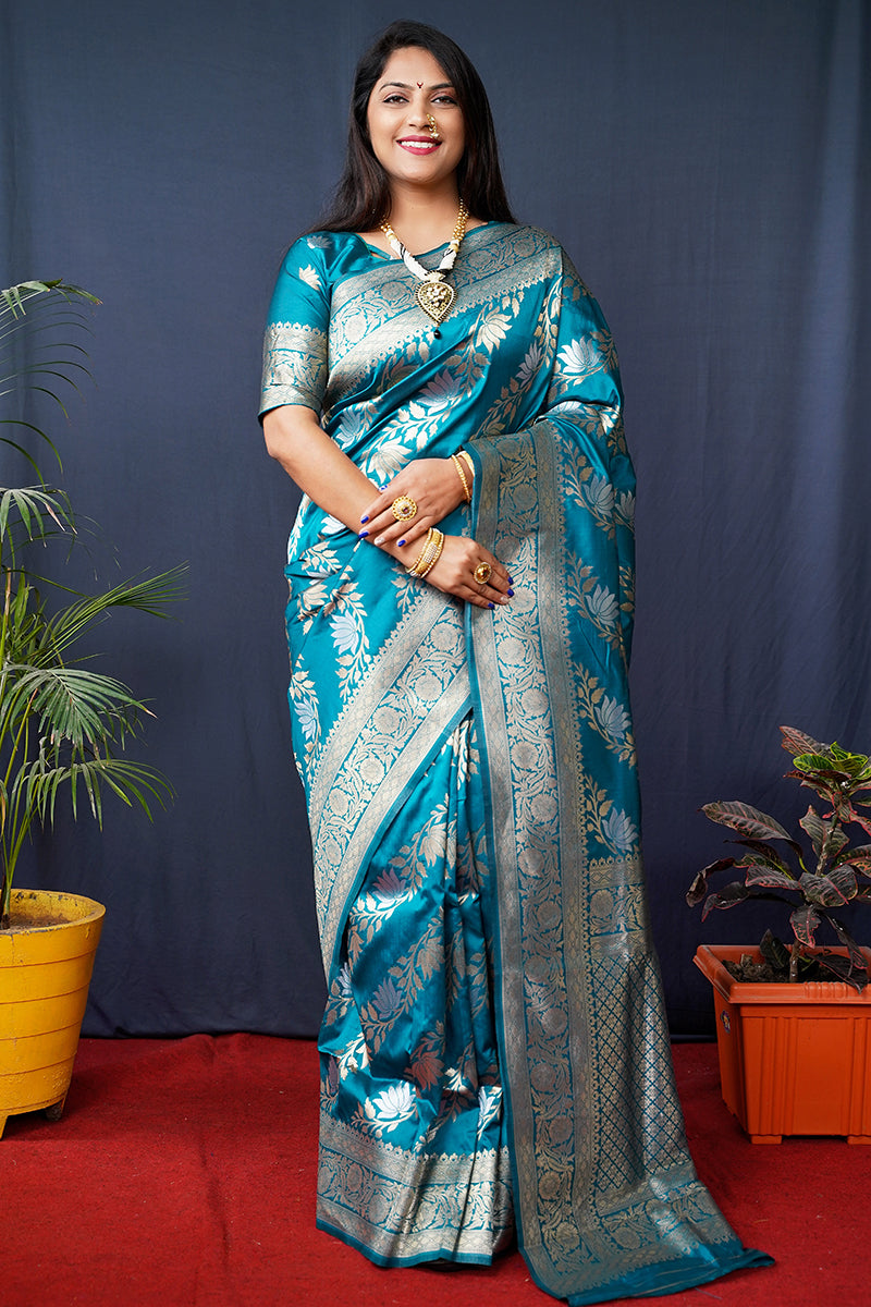 Monjolika Fashion Teal Blue Woven Banarasi Silk Blend Saree With Blouse | Grocsy