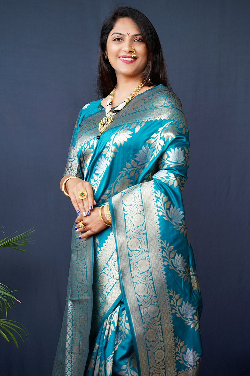 Monjolika Fashion Teal Blue Woven Banarasi Silk Blend Saree With Blouse | Grocsy