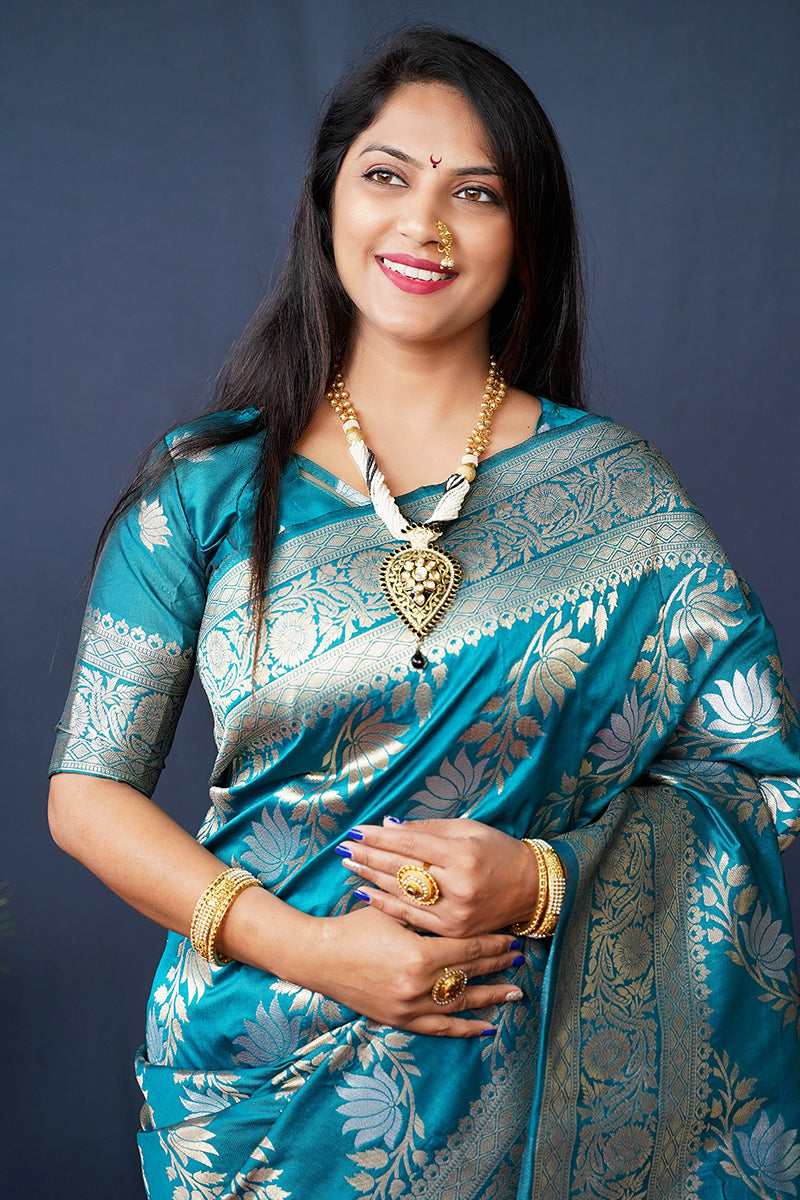 Monjolika Fashion Teal Blue Woven Banarasi Silk Blend Saree With Blouse | Grocsy