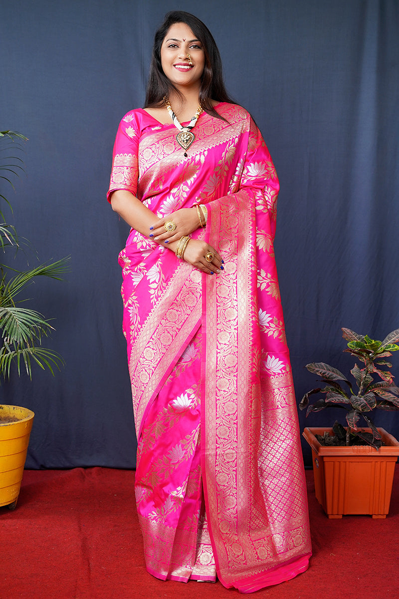 Monjolika Fashion Rani Pink Woven Banarasi Silk Blend Saree With Blouse | Grocsy