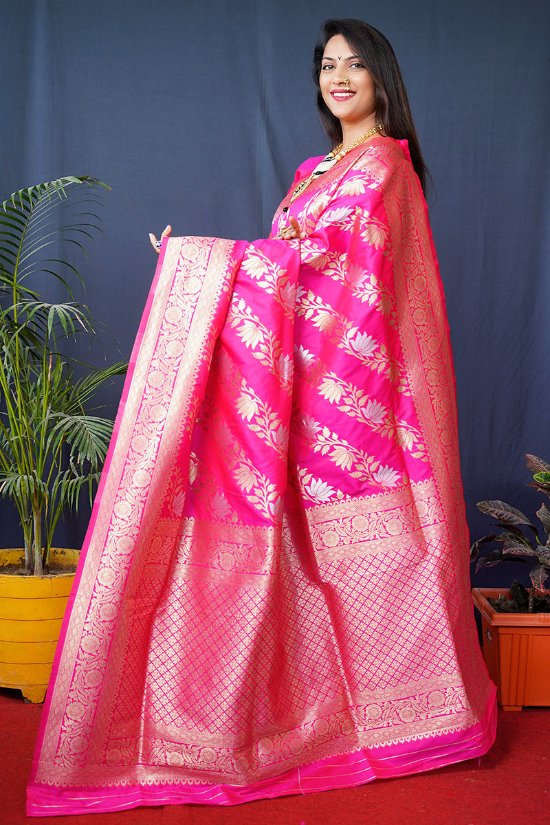 Monjolika Fashion Rani Pink Woven Banarasi Silk Blend Saree With Blouse | Grocsy
