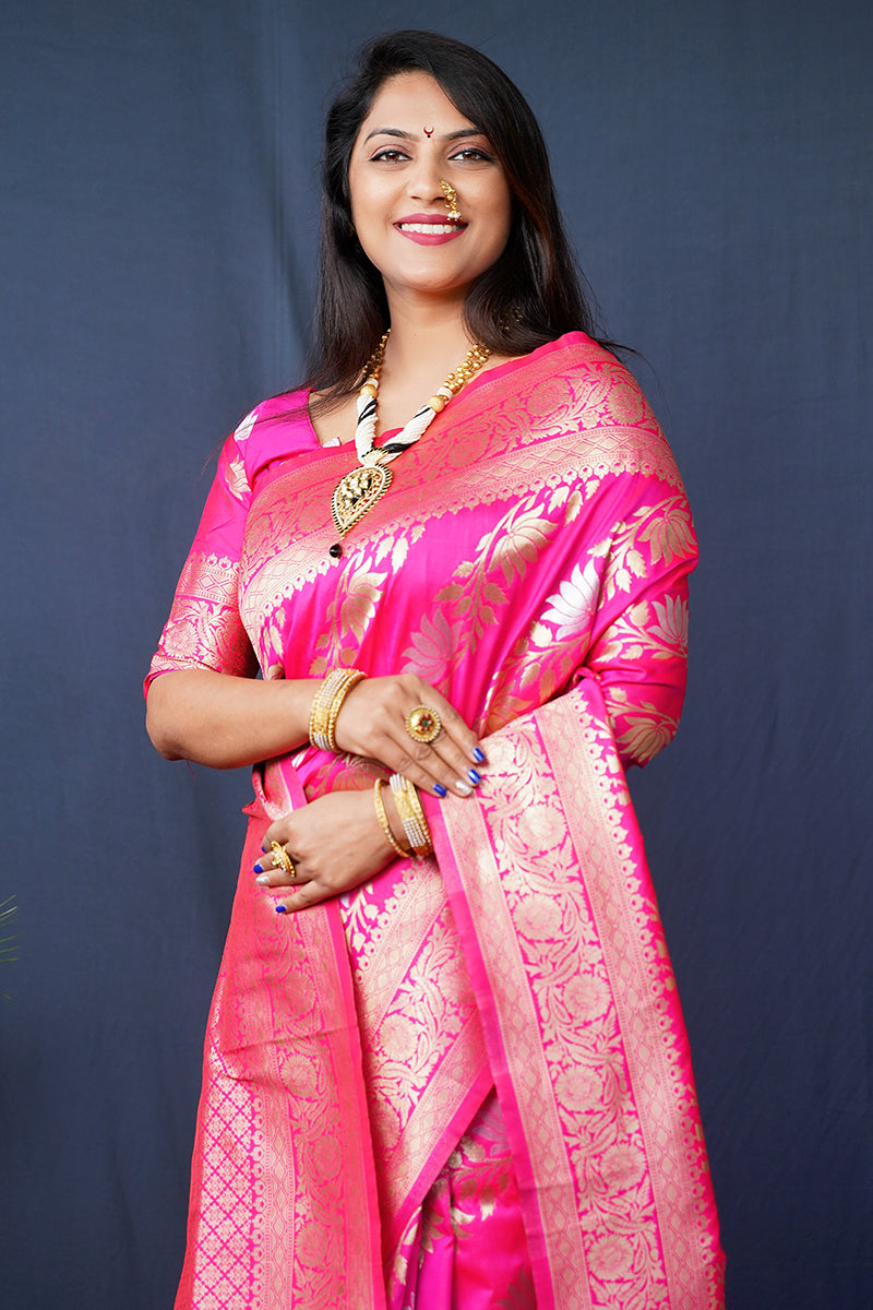 Monjolika Fashion Rani Pink Woven Banarasi Silk Blend Saree With Blouse | Grocsy