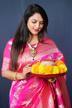 Monjolika Fashion Rani Pink Woven Banarasi Silk Blend Saree With Blouse | Grocsy