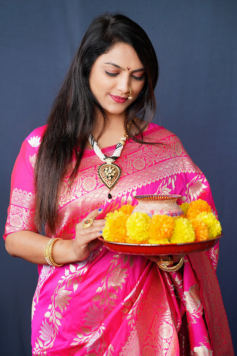 Monjolika Fashion Rani Pink Woven Banarasi Silk Blend Saree With Blouse | Grocsy