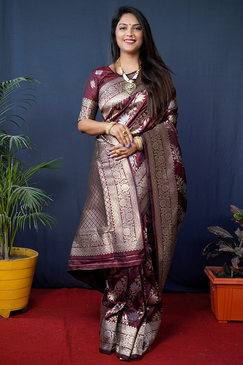 Monjolika Fashion maroon Woven Banarasi Silk Blend Saree With Blouse | Grocsy