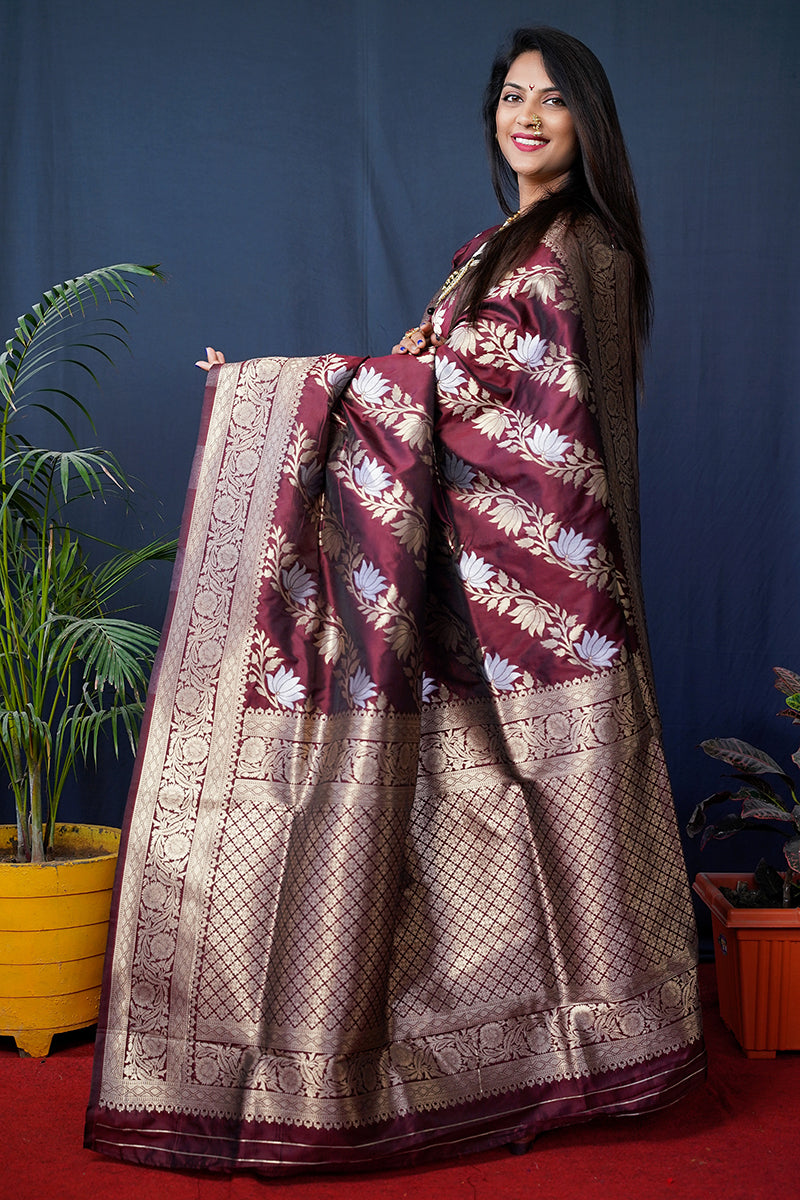 Monjolika Fashion maroon Woven Banarasi Silk Blend Saree With Blouse | Grocsy