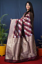 Monjolika Fashion maroon Woven Banarasi Silk Blend Saree With Blouse | Grocsy