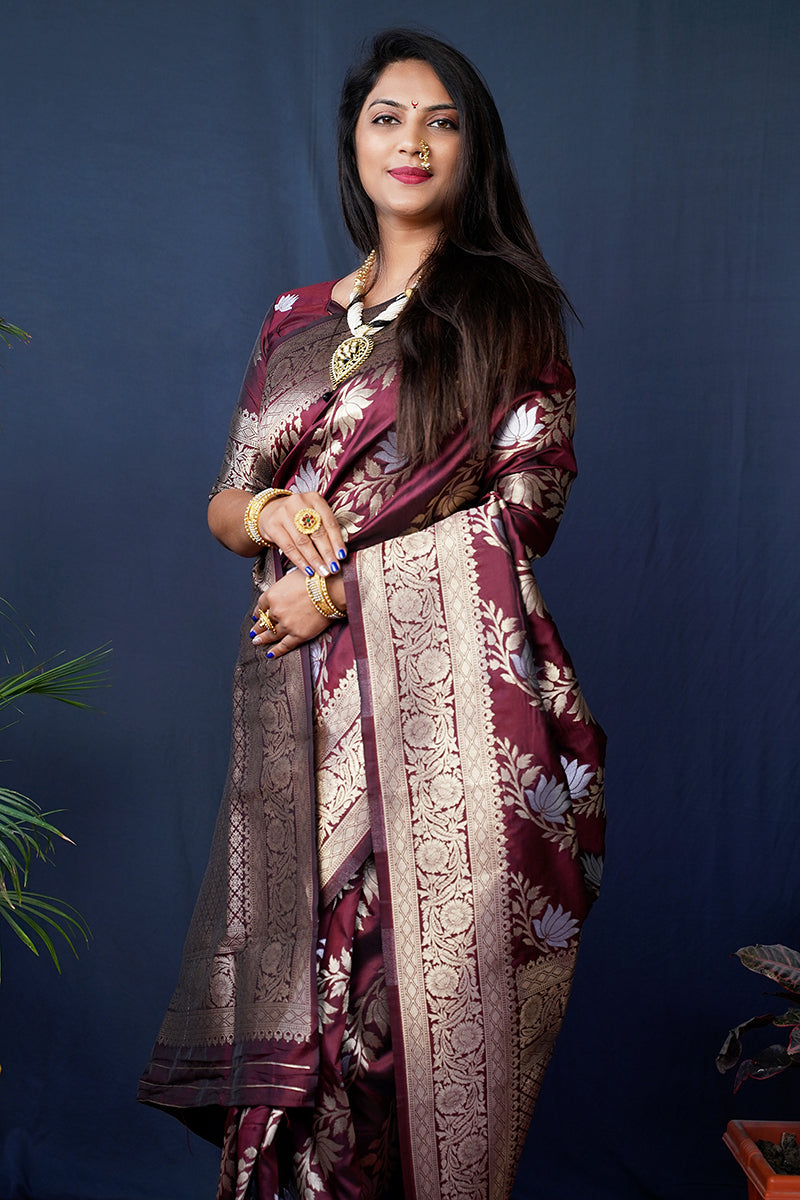 Monjolika Fashion maroon Woven Banarasi Silk Blend Saree With Blouse | Grocsy