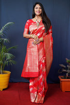 Monjolika Fashion Red Woven Banarasi Silk Blend Saree With Blouse | Grocsy