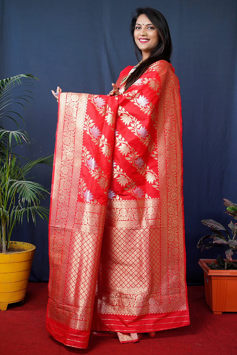 Monjolika Fashion Red Woven Banarasi Silk Blend Saree With Blouse | Grocsy