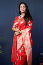 Monjolika Fashion Red Woven Banarasi Silk Blend Saree With Blouse | Grocsy