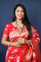 Monjolika Fashion Red Woven Banarasi Silk Blend Saree With Blouse | Grocsy