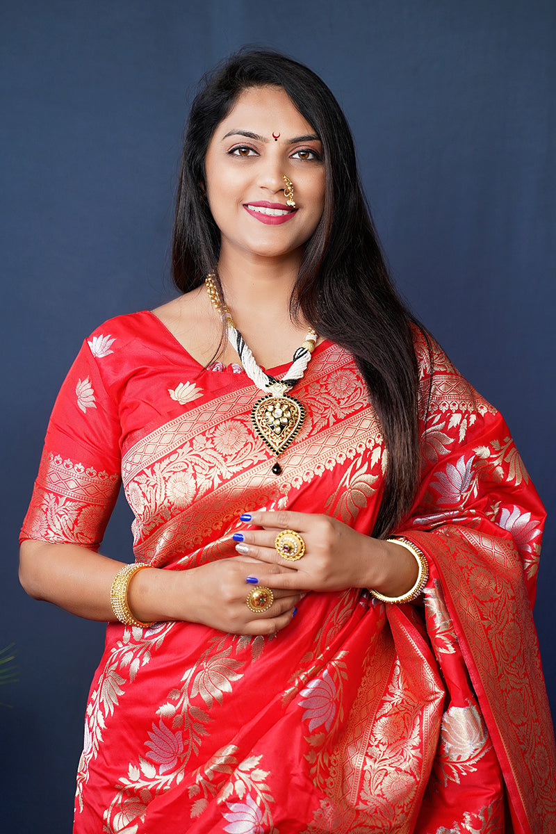 Monjolika Fashion Red Woven Banarasi Silk Blend Saree With Blouse | Grocsy