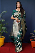 Monjolika Fashion Dark Green Woven Banarasi Silk Blend Saree With Blouse | Grocsy