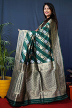Monjolika Fashion Dark Green Woven Banarasi Silk Blend Saree With Blouse | Grocsy