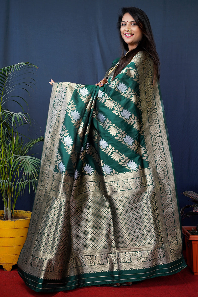 Monjolika Fashion Dark Green Woven Banarasi Silk Blend Saree With Blouse | Grocsy